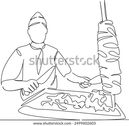 One continuous single drawing line art flat doodle restaurant, kebab, shawarma, meat, man, cooking, chef, grill, food. Isolated image hand draw contour on a white background
