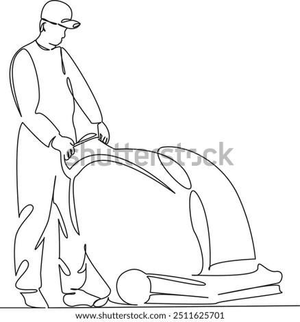 One continuous single drawing line art flat doodle person, cleaner, business, cleaning, washing, equipment, floor, machine, service, working. Isolated image hand draw contour on a white background
