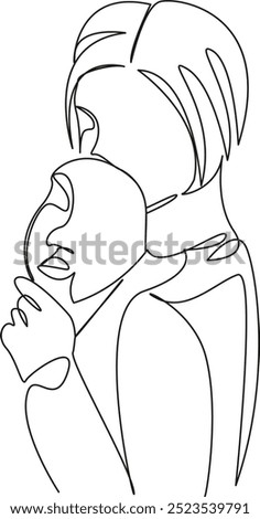 One continuous single drawing line art flat doodle theatre, mask, girl, performance, happiness, person, fun, actress, model, jealousy. Isolated image hand draw contour on a white background
