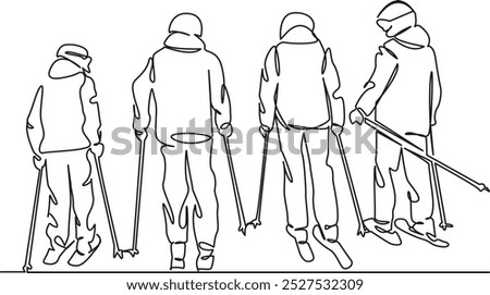 One continuous single drawing line art flat doodle sport, outdoors, snow, mountain, winter, skiing, people, fun, friends, happiness. Isolated image hand draw contour on a white background