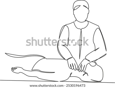 One continuous single drawing line art flat doodle physical therapist, neck, patient, osteopath, physical therapy, doctor, medicine, pain, chiropractor Isolated image hand draw contour on a white back