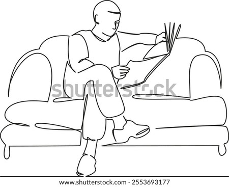 One continuous single drawing line art flat doodle man on sofa reading newspaper, news, world news, leisure. Isolated image hand draw contour on a white background, hand drawn, not AI