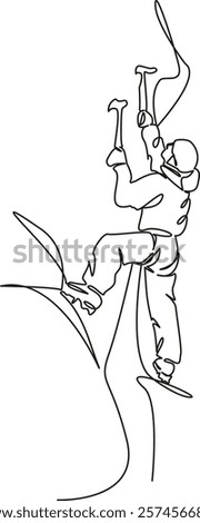 One continuous single drawing line art flat doodle ice axe, outdoors, adventure, mountain climbing, sport climber, people. Isolated image hand draw contour on a white background, hand drawn, not AI