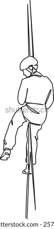 One continuous single drawing line art flat doodle climbing, mountain, cliff, person, rope, adventure, nature, challenge, sport. Isolated image hand draw contour on a white background, hand drawn