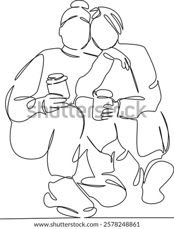 One continuous single drawing line art flat doodle friendship, woman, drinking, female, talking, adult, drink, cafe. Isolated image hand draw contour on a white background, hand drawn, not AI