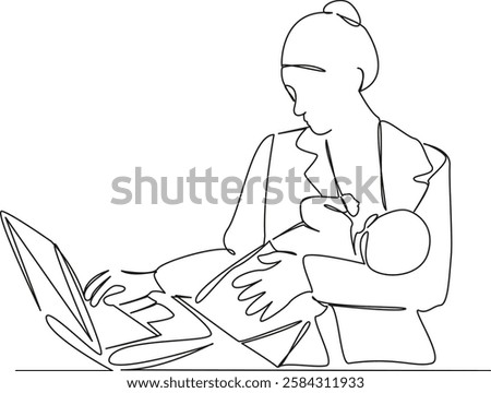 One continuous single drawing line art flat doodle mother, child, working woman, computer, technology, working mom. Isolated image hand draw contour on a white background, hand drawn, not AI