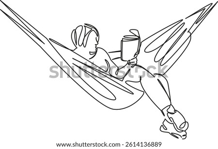 One continuous single drawing line art flat doodle book, hammock, reading, woman, lying, holiday. Isolated image hand draw contour on a white background, hand drawn, not AI