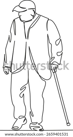 One continuous single drawing line art flat doodle adult, man, walking, elderly, male, walk, stick, old, senior. Isolated image hand draw contour on a white background, hand drawn, not AI