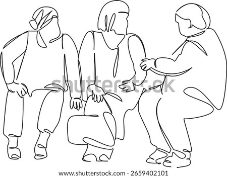 One continuous single drawing line art flat doodle person sitting friendship retirement talking bench senior woman outdoors Isolated image hand draw contour on a white background, hand drawn, not AI