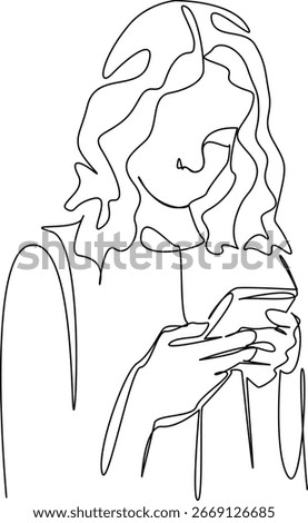 One continuous single drawing line art flat doodle mobile phone, message, reading, mobile, girl, phone, smartphone. Isolated image hand draw contour on a white background, hand drawn, not AI
