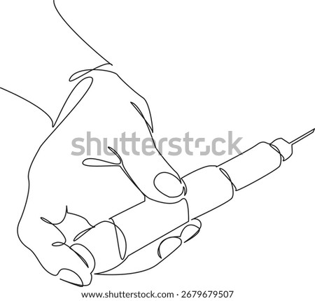 One continuous single drawing line art flat doodle diabetes, syringe, lifestyle, insulin, medicine, hand, person, injecting. Isolated image hand draw contour on a white background, hand drawn, not AI