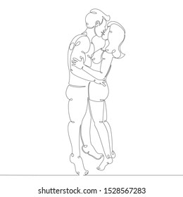 One continuous single drawn art doodle image hand outline thin line contour hand drawn silhouette couple of lovers kisses hugs . Isolated image minimalism white background