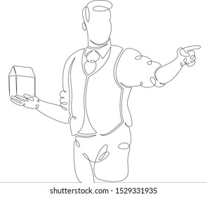 One continuous single drawn art doodle image hand outline thin line contour hand drawn silhouette architect with a house building project in his hands . Isolated image minimalism white background