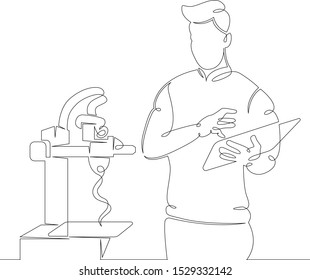 One continuous single drawn art doodle image hand outline thin line contour hand drawn silhouette 3d printer operator. Isolated image minimalism white background