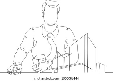 One continuous single drawn art doodle image hand outline thin line contour hand drawn silhouette architect with a house building project  . Isolated image minimalism white background