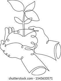 One continuous single drawn art line minimalism doodle sprout in the palm hand . Isolated image minimalist vector illustration for t-shirt,concept ecology and agriculture logo design print graphics