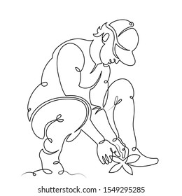 One continuous single drawn art line minimalism doodle agronomist farmer holding sprout, seedlings. Isolated image minimalist vector illustration 