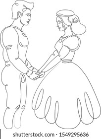 One continuous single drawn art line minimalism doodle of a romantic couple in love in Italian historical costumes of Romeo and Juliet . Isolated image minimalist vector illustration 