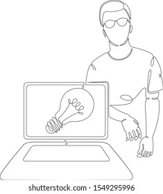 One continuous single drawn art line minimalism doodle graphic designer with tablet device at work on a new idea . Isolated image minimalist vector illustration 