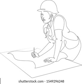 One continuous single drawn art line minimalism doodle female architect interior designer at work with sketch drawings  . Isolated image minimalist vector illustration 