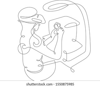One continuous single drawn art line minimalism doodle hand jeweler working stone cut jewels . Concept of art of creativity . Isolated image minimalist vector illustration 