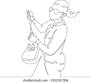 One continuous single drawn art line minimalism doodle hand biochemist in a bathrobe and glasses works in the laboratory. The concept of science and medicine. Isolated image minimalist illustration 