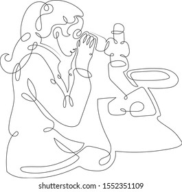 One continuous single drawn art line minimalism doodle hand biochemist in a bathrobe and glasses works in the laboratory. The concept of science and medicine. Isolated image minimalist  illustration 