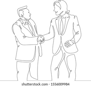 One continuous single drawn art line minimalism doodle hand handshake of two politicians diplomats businessmen, conclusion of an agreement, contract, deal. Isolated image minimalist vector