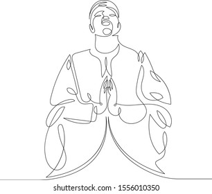 One continuous single drawn art line minimalism doodle hand character man of a diplomat, politician, businessman prays in national costume.Isolated image minimalist vector illustration 