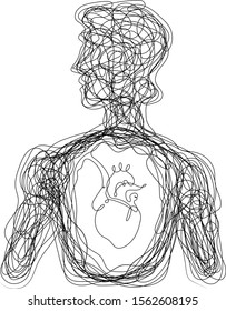 One continuous single drawn art line minimalism doodle male silhouette with a heart inside . Isolated image minimalist vector illustration.The concept of metaphor and allegory