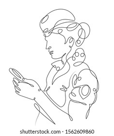 One continuous single drawn art line minimalism doodle hand flight attendant reads looks at the phone . Isolated image minimalist vector illustration 