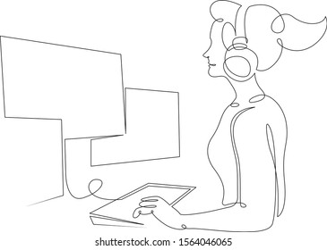 One continuous single drawn art line minimalism doodle hand portrait programmer girl at work with a laptop. Information technology concept. Isolated image minimalist vector illustration 