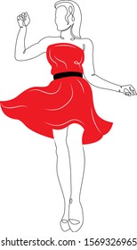 One continuous single drawn art line minimalism doodle beautiful attractive girl in red  dress. Black and red color dress,  clothes. Isolated image flat vector illustration.Fashion and Beauty 