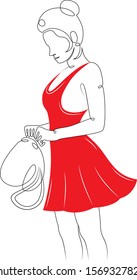 One continuous single drawn art line minimalism doodle beautiful attractive girl in red dress.Red color clothes dress. Isolated image flat vector illustration.Fashion Beauty Concept