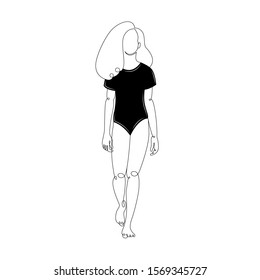 One continuous single drawn art line minimalism doodle lovely girl in a swimsuit. Black color clothes. Isolated image flat vector illustration. Fashion and Beauty Concept