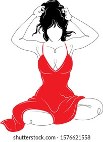 One continuous single drawn art line minimalism doodle beautiful cute girl woman in red suit dress skirt.Black long hair. Isolated  flat vector illustration