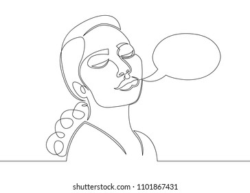 One continuous single drawn character line from comics.The head of a woman.Speech Balloon concept.