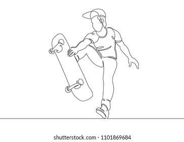 One continuous single drawn line, the guy  skater, the character skates on a skateboard. The concept of a sports extreme logo, site design and printing.