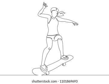 One continuous single drawn line, a girl skater, the character skates on a skateboard. The concept of a sports extreme logo, site design and printing.