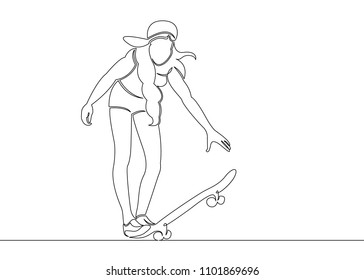 One continuous single drawn line, a girl skater, the character skates on a skateboard. The concept of a sports extreme logo, site design and printing.
