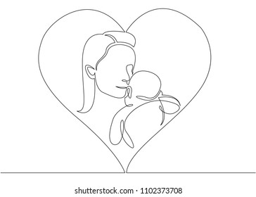 One continuous single drawn line Logo with mother holding her baby with heart shape. Continuous line art vector illustration