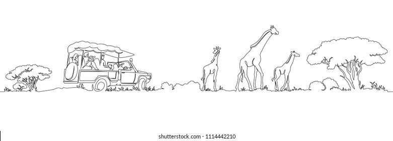 One continuous single drawn line safari panorama of Africa's giraffes landscape. Safari jeep with tourists. Wild nature . Tourist walk in the shroud.