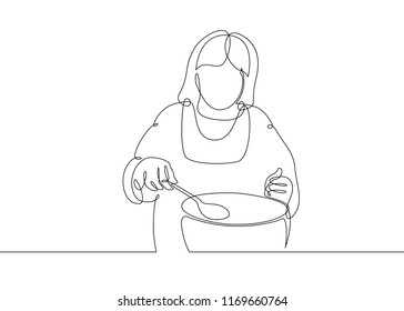 One continuous single drawn line of the doodle is the character of the cook woman. Cooking in the kitchen. Housewife at work on household chores. Food, kitchen, cook.