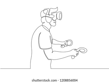 One continuous single drawn line art doodle man in a helmet virtual reality glasses, controllers VR , play virtual games