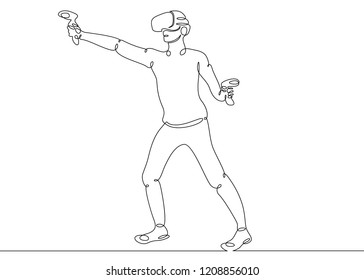 One continuous single drawn line art doodle man in a helmet virtual reality glasses, controllers VR , play virtual games