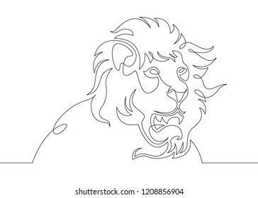 One continuous single drawn line art doodle the head of a mane of a lion, toothy mouth of a predator, African cat animals