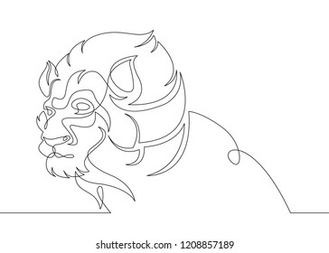 One continuous single drawn line art doodle the head of a mane of a lion, toothy mouth of a predator, African cat animals
