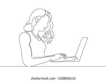 One continuous single drawn line art doodle girl works, sits, reads computer mobile device laptop
