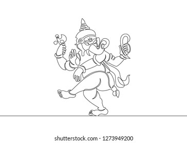 One continuous single drawn line art doodle spirituality happy ganesh indian culture .Isolated image of a hand drawn outline on a white background.