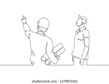 One continuous single drawn line art doodle customer and architect with drawings, foreman,construction, repair .Isolated image of a hand drawn outline on a white background.